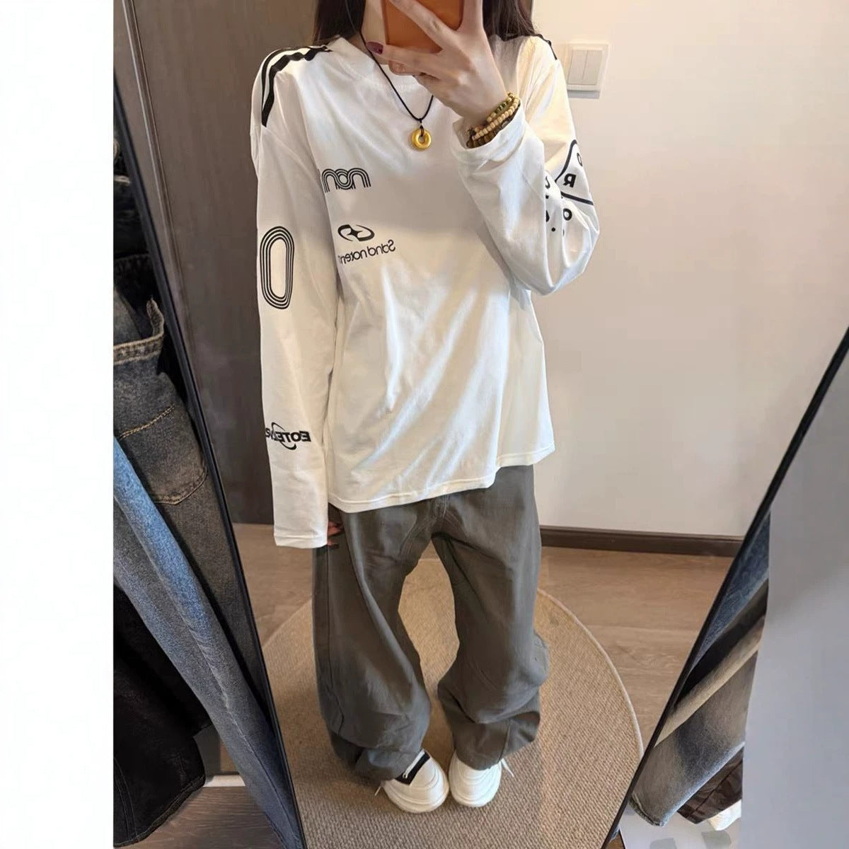 Vintage Stripe Sport Racing Letter Long Sleeve T-Shirt for Women