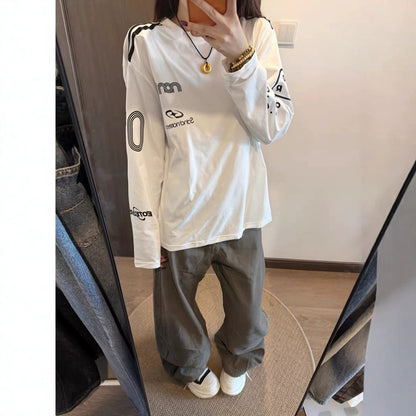 Vintage Stripe Sport Racing Letter Long Sleeve T-Shirt for Women