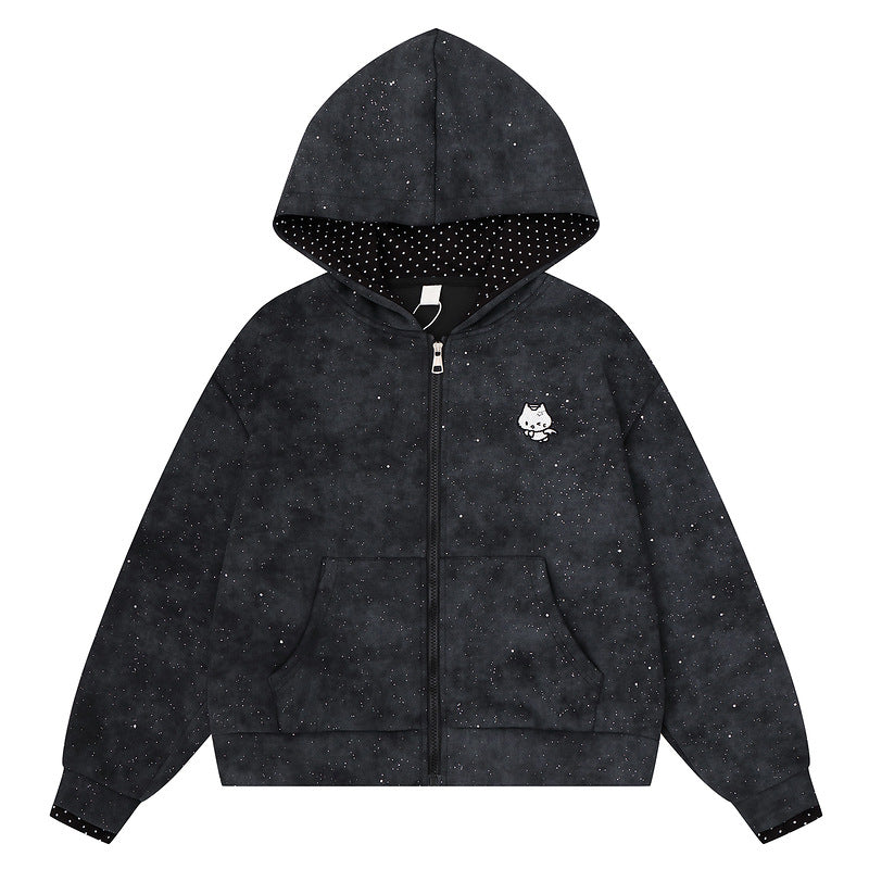 Light blue sparkling kitten embroidery hooded cardigan for women