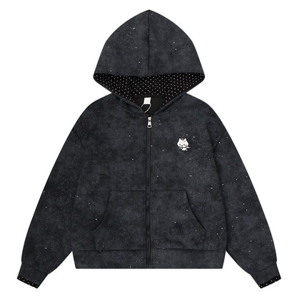 Light blue sparkling kitten embroidery hooded cardigan for women