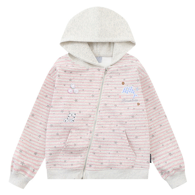 Striped star dolphin embroidered hooded cardigan