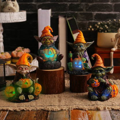 Halloween Pumpkin Holding Sprite Resin Craft Decoration Home Desk Glowing Gnome Figurine Ornament