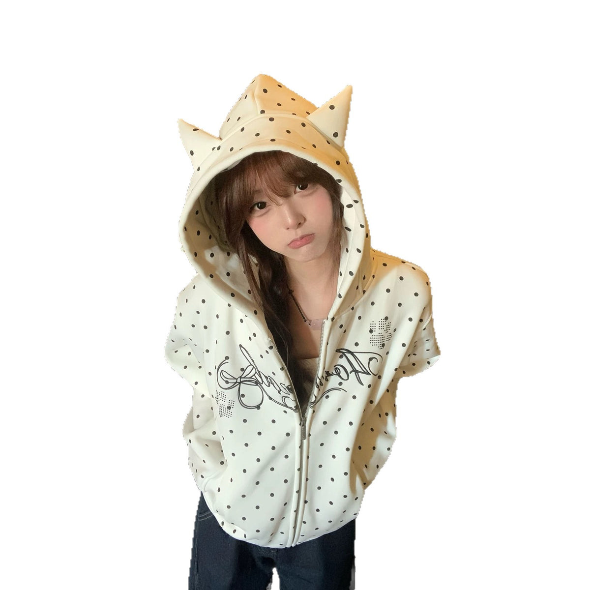 Cute Embroidered Ears Retro Polka Dot Hooded Cardigan Sweatshirt for Women