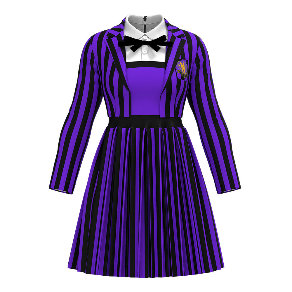 Halloween Cosplay Addams Family Striped Costume Wednesday Wolf Girl Dress Costume