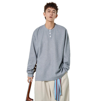 Slim Fit Waffle Knit Henley Neck Long Sleeve T-Shirt Men's Autumn New Casual Versatile Basic Inner Layer Pullover Sweatshirt