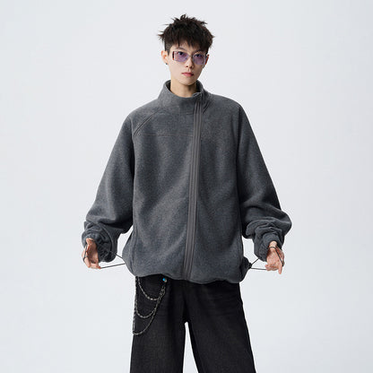 Outdoor Casual Stand Collar Sweatshirt for Men, Loose Fit, Fashionable, Comfortable, Warm, Trendy Solid Color Men's Jacket