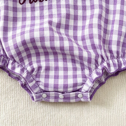 Infant Romper Purple Plaid Peter Pan Collar Ghost Embroidery Baby Halloween Triangular Crawler Onesie