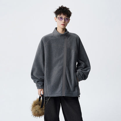Outdoor Casual Stand Collar Sweatshirt for Men, Loose Fit, Fashionable, Comfortable, Warm, Trendy Solid Color Men's Jacket