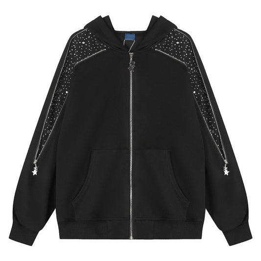 Black sparkling diamond zipper hooded cardigan for women