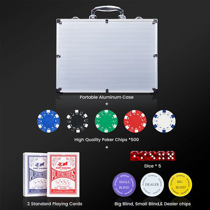 500 PCS Poker Chip Set in Locking Aluminum Briefcase - Texas Hold'em Gambling Kit with Dice, Dealer Button & Cards