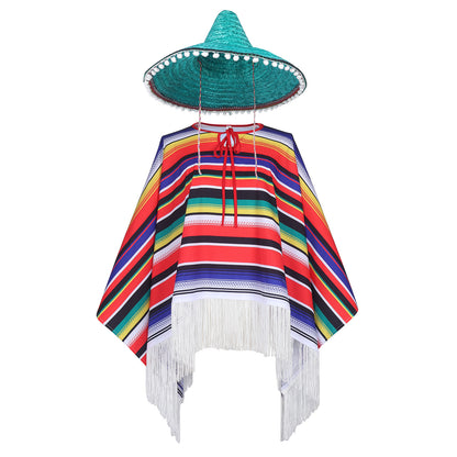 Poncho Costume for Cosplay Party Halloween Mexican Traditional Hat