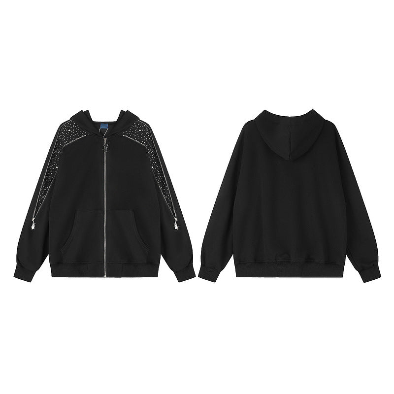 Black sparkling diamond zipper hooded cardigan for women