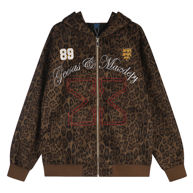 Retro leopard print hooded zipper cardigan