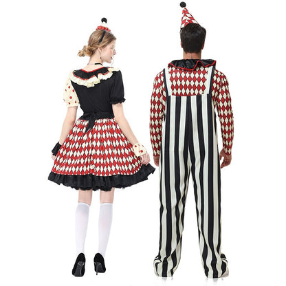 Vintage Checkered Clown Couple Outfits Adult Men and Women Circus Clown Dress Overalls Halloween Costumes