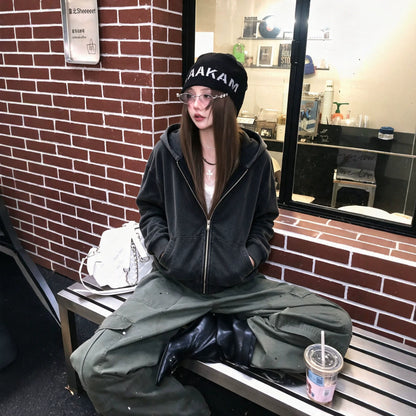 Washed Distressed Black Hooded Sweatshirt Jacket for Women