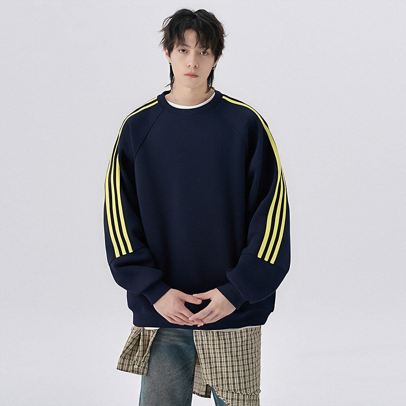Retro Trendy Brand Stripe Crewneck Hoodie Unisex Loose Fit Long Sleeve Top