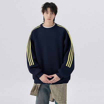 Retro Trendy Brand Stripe Crewneck Hoodie Unisex Loose Fit Long Sleeve Top
