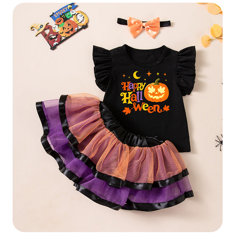 Halloween Kids Costume Set with Flutter Sleeve T-Shirt, Skirt, Ghost Print Festival Party Outfit