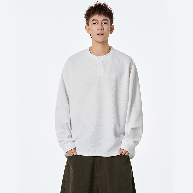 Slim Fit Waffle Knit Henley Neck Long Sleeve T-Shirt Men's Autumn New Casual Versatile Basic Inner Layer Pullover Sweatshirt