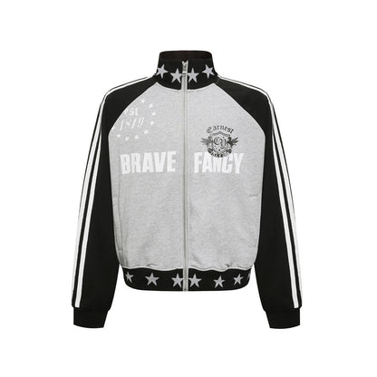 Splicing contrasting raglan sleeves stand up collar cardigan sweatshirt