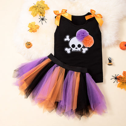 Halloween Kids Outfit 2-7 Years Girls Pumpkin Skull Vest T-Shirt &amp; Cape Skirt Set