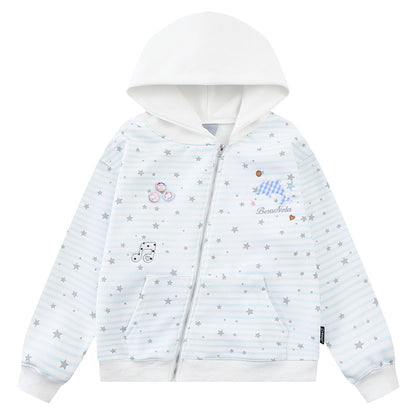 Striped star dolphin embroidered hooded cardigan
