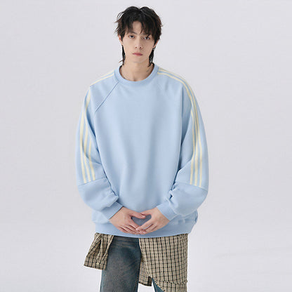 Retro Trendy Brand Stripe Crewneck Hoodie Unisex Loose Fit Long Sleeve Top