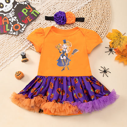 Halloween Baby Outfit Cartoon Pumpkin Tulle Romper Dress 2-Piece Set Baby Party Costume