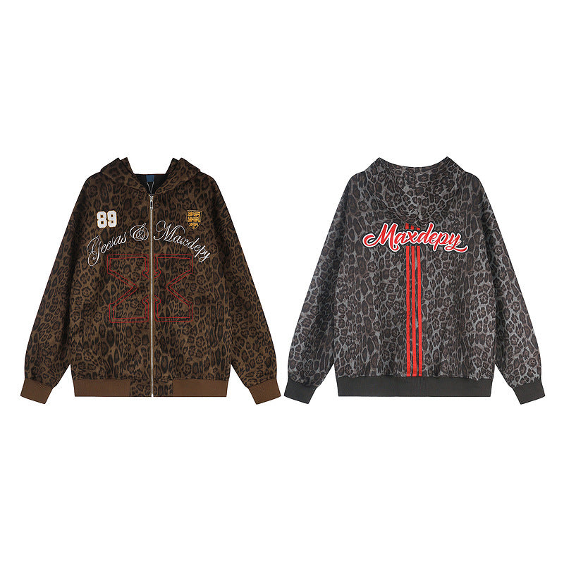 Retro leopard print hooded zipper cardigan