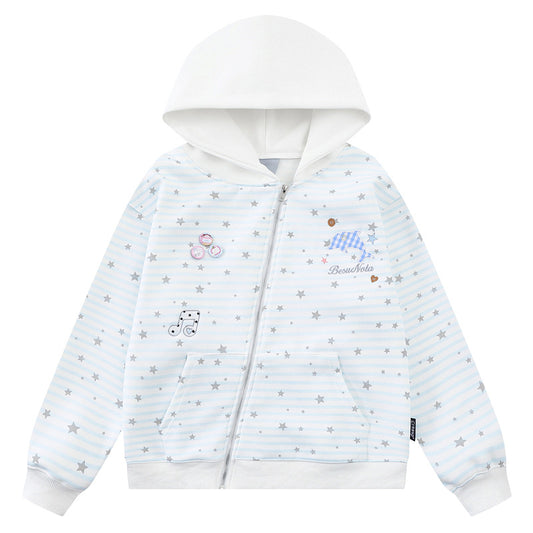 Striped star dolphin embroidered hooded cardigan