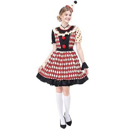 Vintage Checkered Clown Couple Outfits Adult Men and Women Circus Clown Dress Overalls Halloween Costumes
