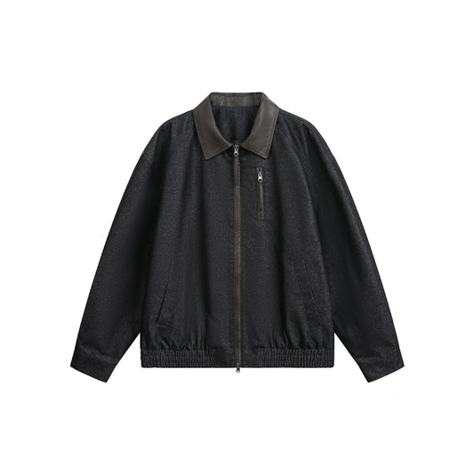 Loose PU Leather Patchwork Stand Collar Color-blocked Original Denim Jacket for Men