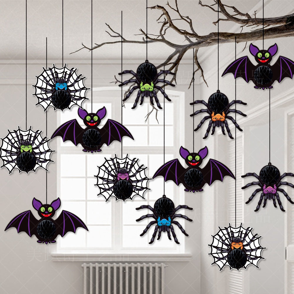 Halloween Decorative Hanging Ornament Spider Bat Honeycomb Ball Pendant 3D Spider Honeycomb Decoration