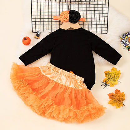 Cute Halloween Long Sleeve Romper with Purple and Orange Tutu Skirt Set for Baby Girls