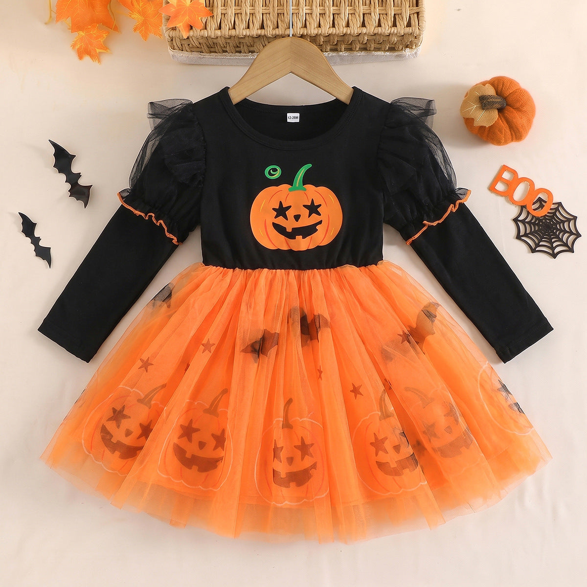 Halloween Girls' Tulle Princess Dress with Bat and Pumpkin Print, Long Sleeve, Children's Performance Tutu Dress