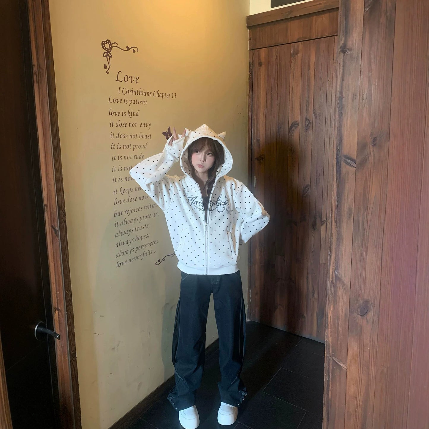 Cute Embroidered Ears Retro Polka Dot Hooded Cardigan Sweatshirt for Women