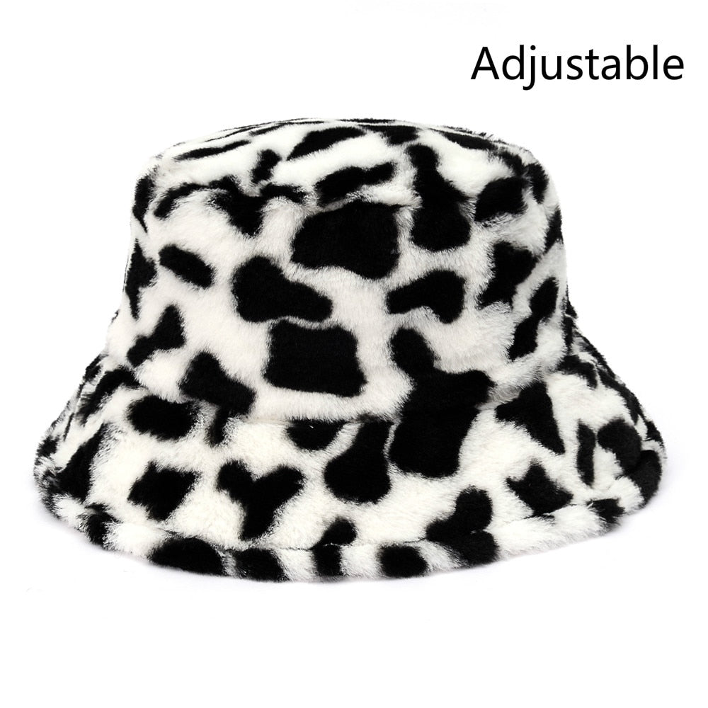 Winter Cow Leopard Faux Fur Fluffy Bucket Hats