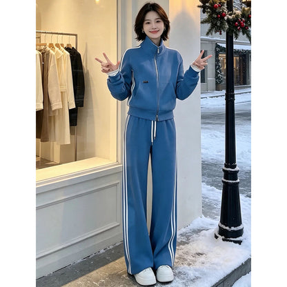 Sporty Stripe Hoodie Set for Women, Spring and Autumn, Stand Collar, Slim Fit, Casual Two-Piece Outfit, Loose Style