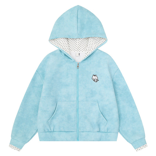 Light blue sparkling kitten embroidery hooded cardigan for women