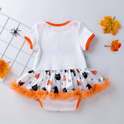 Halloween Baby Girl Costume with Embroidered Witch Hat, Short Sleeve Princess Dress and Socks Set