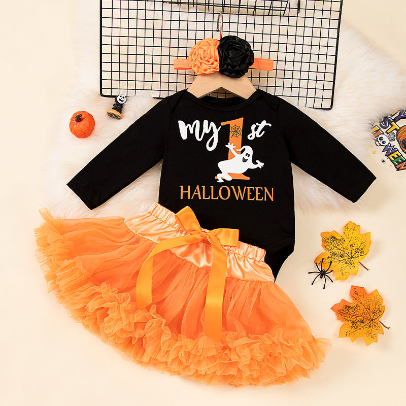 Cute Halloween Long Sleeve Romper with Purple and Orange Tutu Skirt Set for Baby Girls