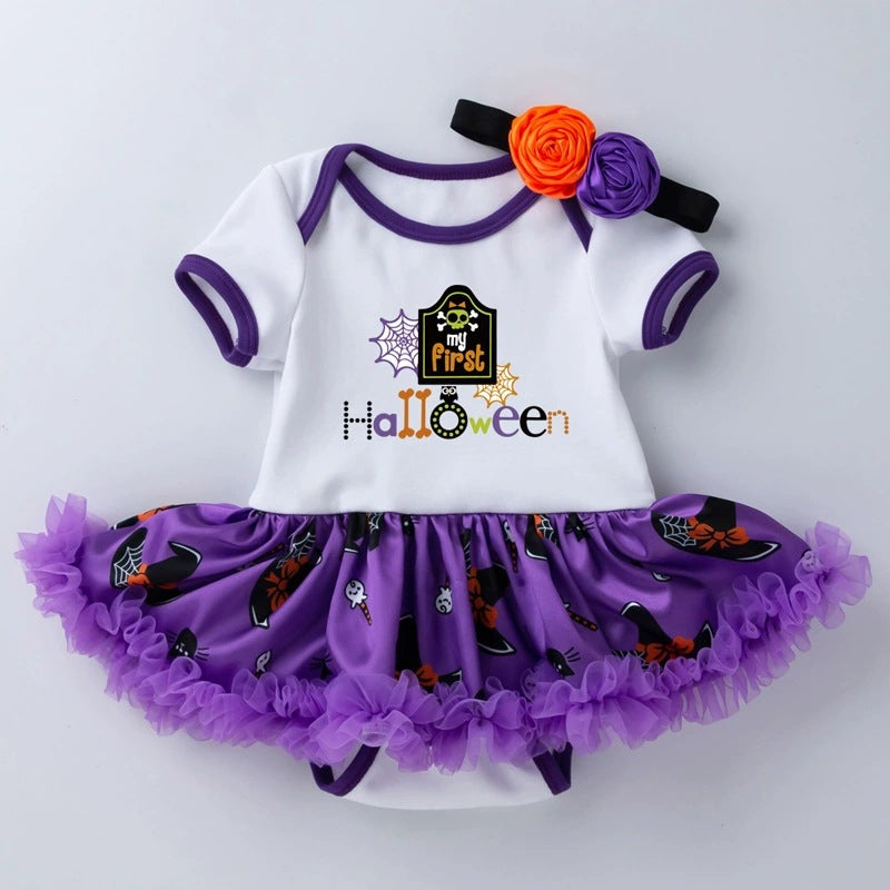 Halloween Baby Party Outfit Printed Pumpkin Short Sleeve Romper Dress with Hair Accessories 2-Piece Set Infant Onesie Dress