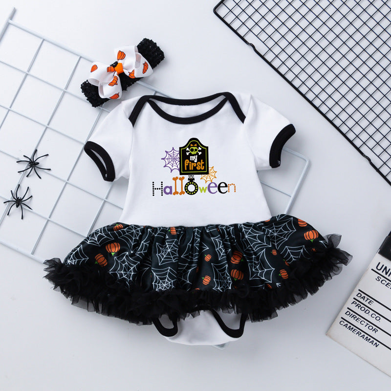 Halloween Baby Party Outfit Printed Pumpkin Short Sleeve Romper Dress with Hair Accessories 2-Piece Set Infant Onesie Dress