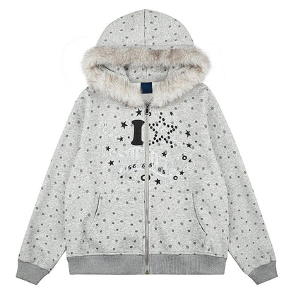 Polka dot fur collar hooded zipper star note jacket for women