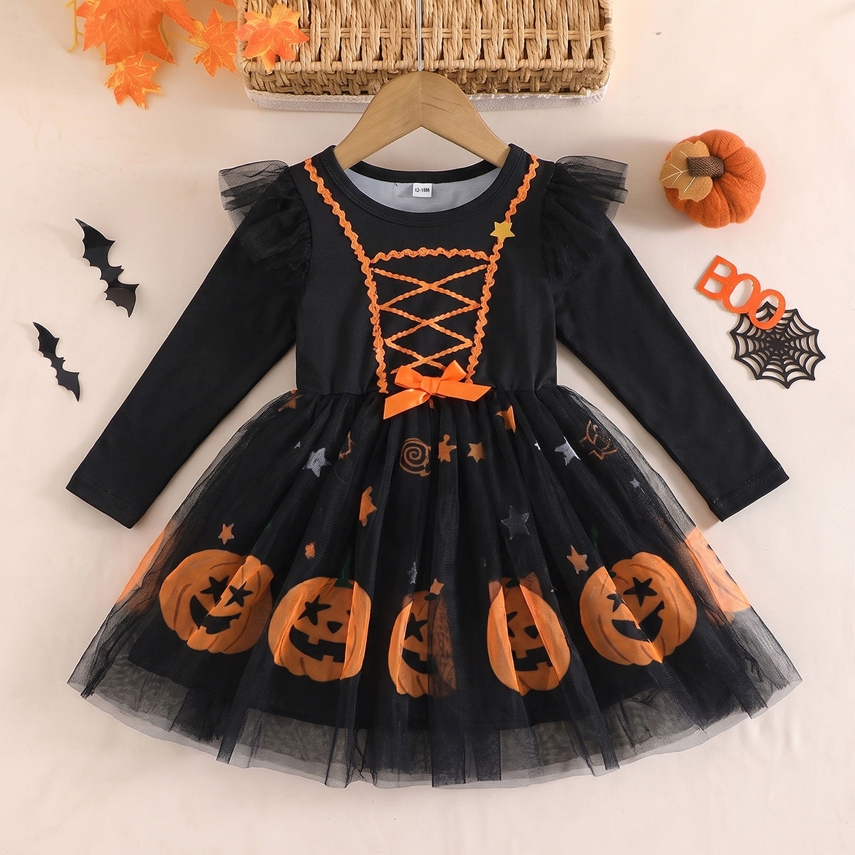 Halloween Girls' Tulle Princess Dress with Bat and Pumpkin Print, Long Sleeve, Children's Performance Tutu Dress