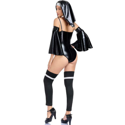 Dark Sexy Nun Cosplay Costume Adult Halloween Party Cross Nun Jumpsuit