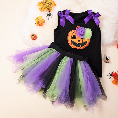 Halloween Kids Outfit 2-7 Years Girls Pumpkin Skull Vest T-Shirt &amp; Cape Skirt Set