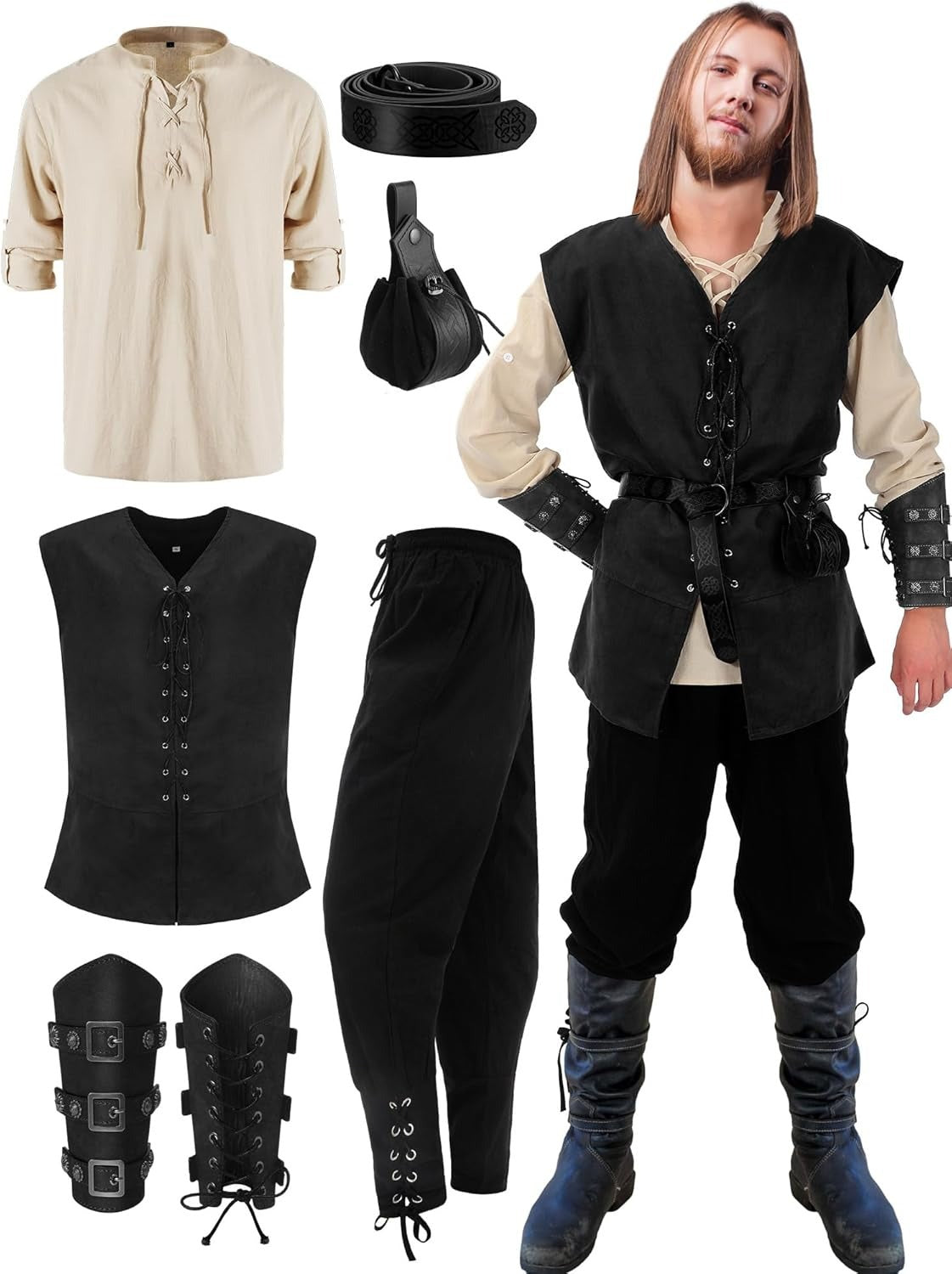 7-Piece Halloween Men's Renaissance Costume Set Medieval Pirate Shirt Ankle Band Pants