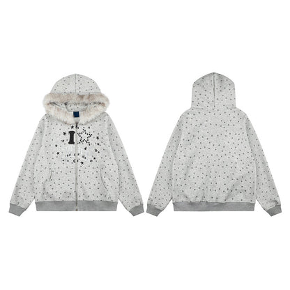 Polka dot fur collar hooded zipper star note jacket for women