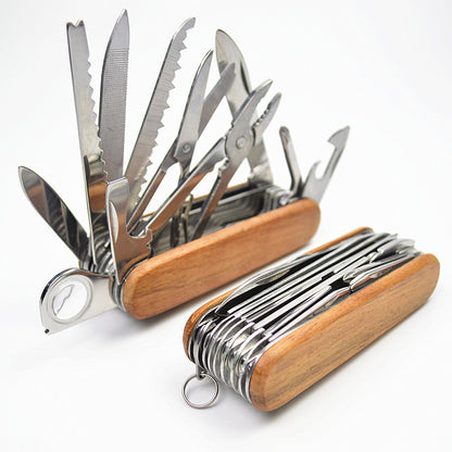Multi Functional Outdoor Portable Self-Defense Folding Long Combination Tool Pliers Retro Wooden Handle Portable Multi-Purpose Camping Tool